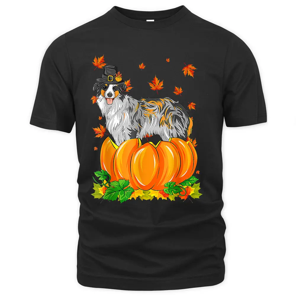 Australian Shepherd Dog Happy Thanksgiving Pumpkin Fall T-Shirt