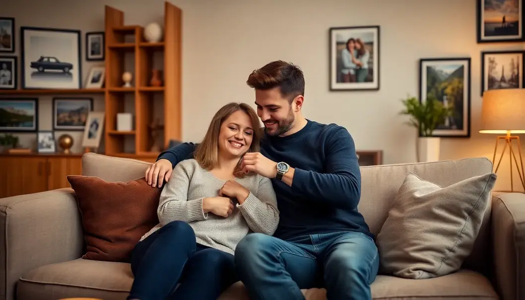 Couple admiring their complementary watches in a cozy setting.