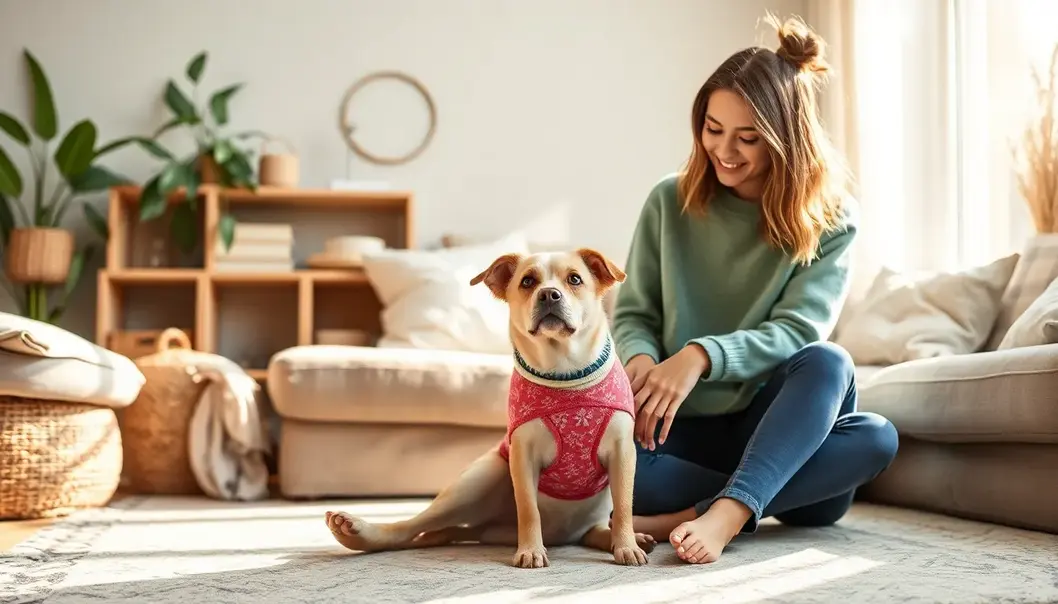 Pet owner and dog in sustainable fashion made from organic and bamboo fabrics.