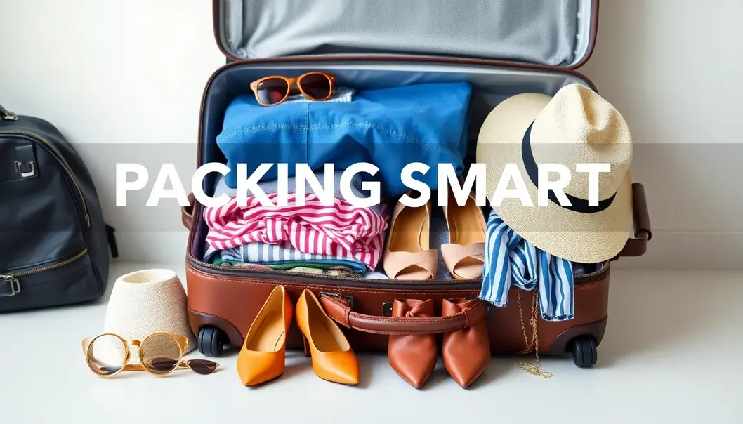 A suitcase with coordinated clothing, shoes, and accessories for a fashion-forward vacation.