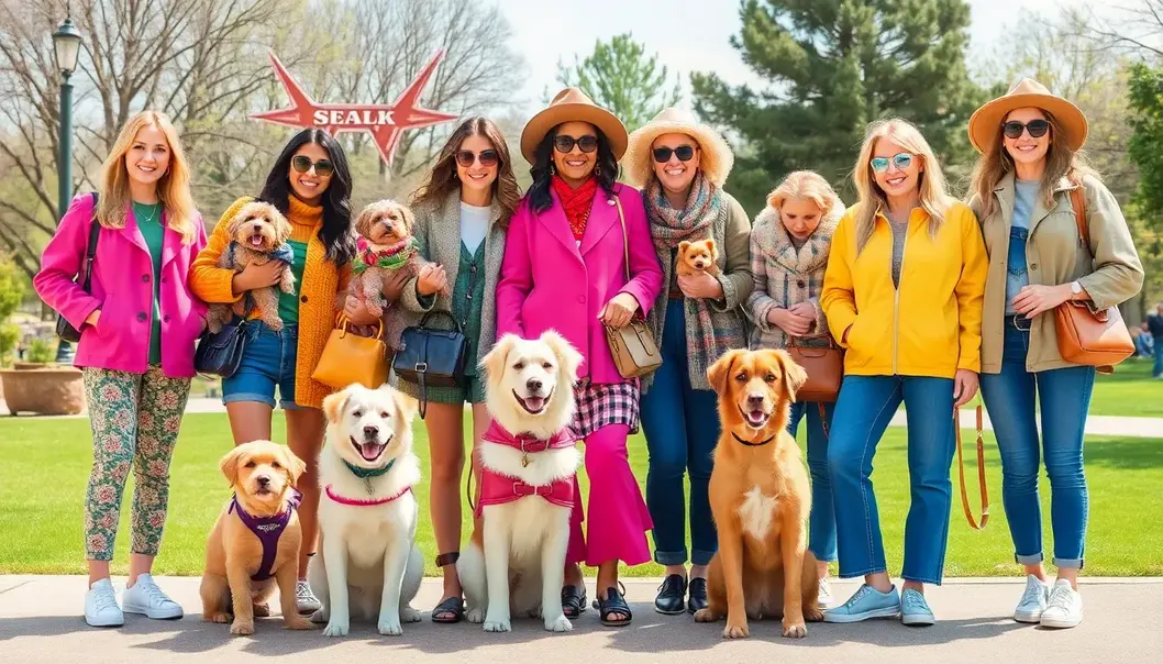 Group of pet owners with dogs and cats, wearing pet-friendly and stylish outfits in a park setting.