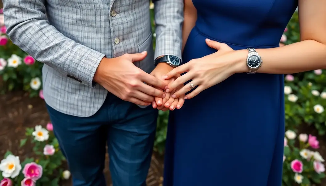 A couple holding hands in a garden, wearing complementary elegant watches.