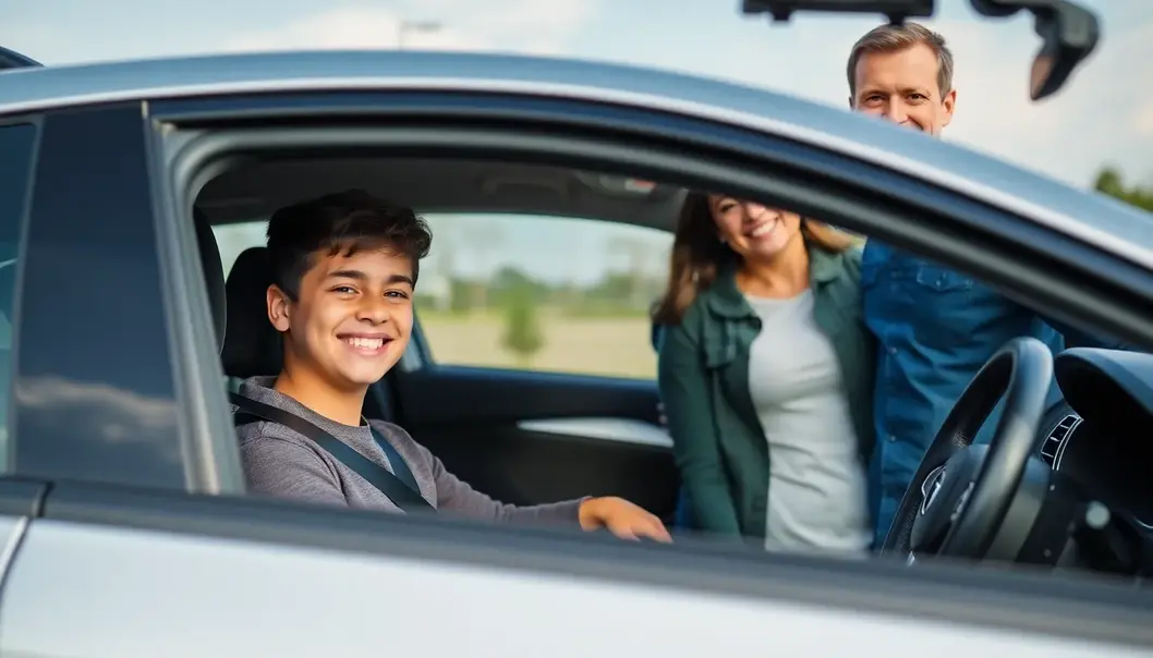 Family with a new car, teenager in driver's seat, both parents smiling.