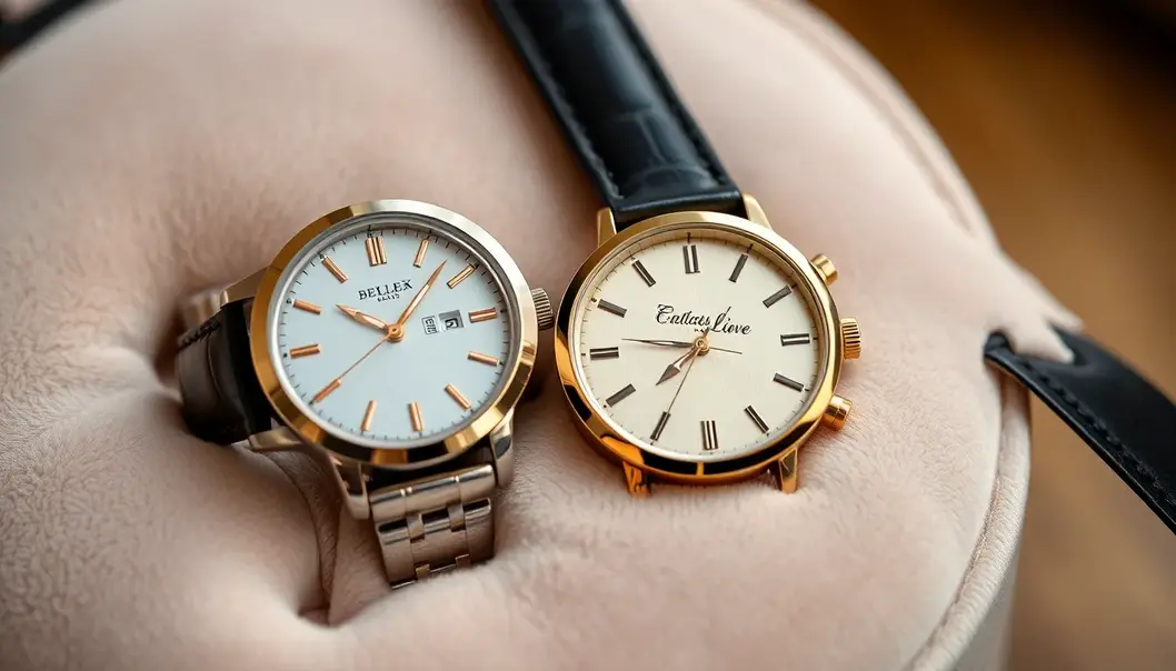 Couple admiring their complementary watches in a cozy setting.