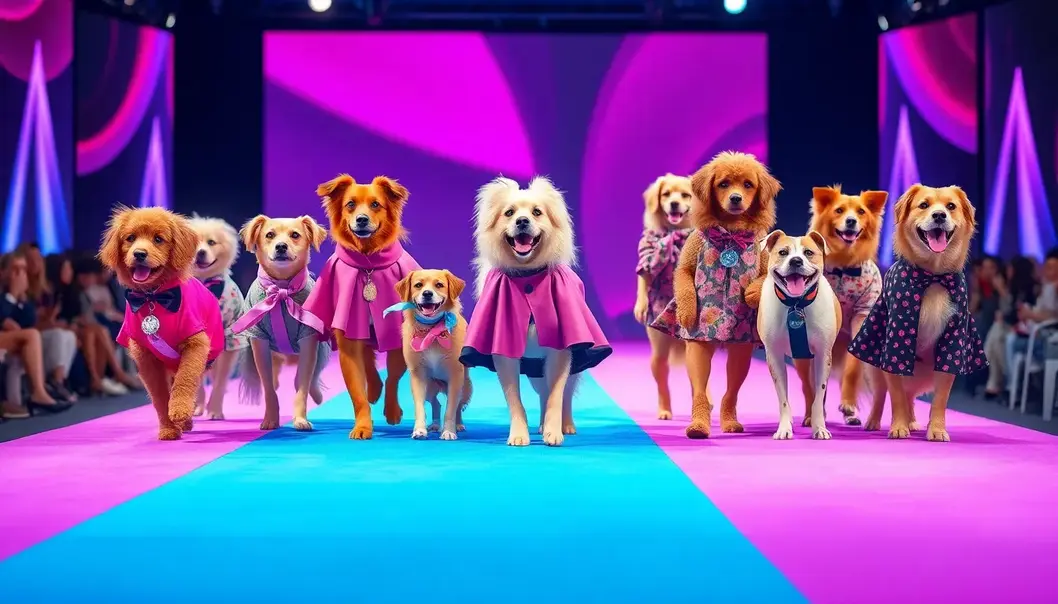 Pet owners and various pets on a colorful runway in matching outfits.