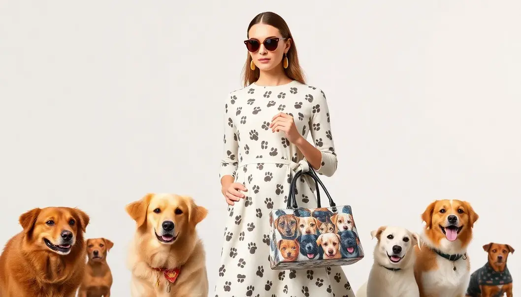Pet owner and dog in sustainable fashion made from organic and bamboo fabrics.