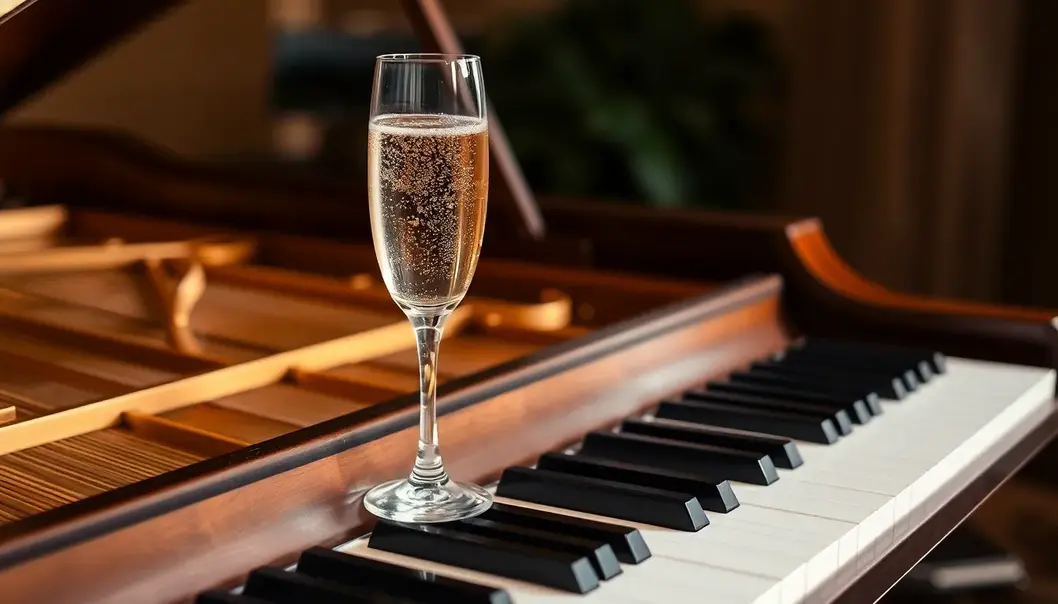 A grand piano with a crystal glass of champagne, symbolizing luxury and music.