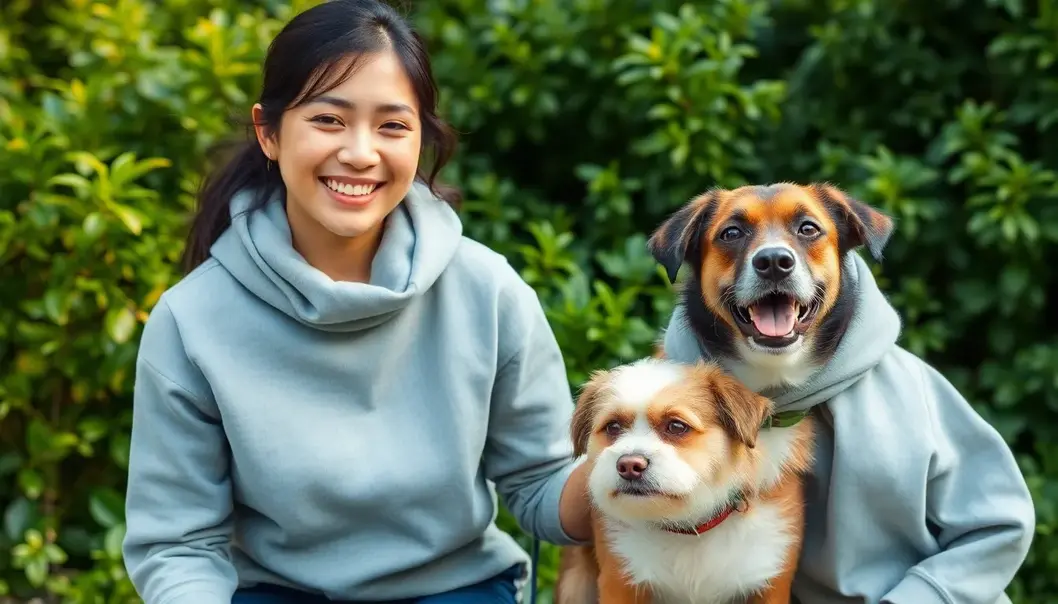 A pet owner and their dog in matching sustainable outfits.