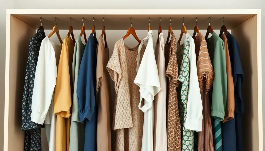 A modern wardrobe with clothes made of organic and recycled materials, illuminated gently to highlight sustainable fashion.