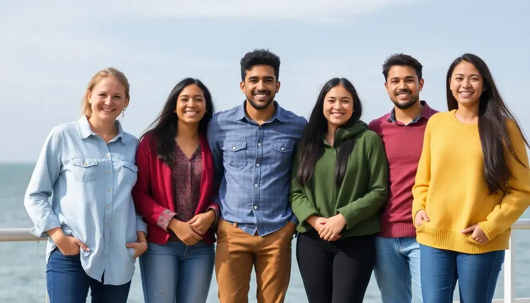 A diverse group of smiling young adults standing together, symbolizing unity and harmony.